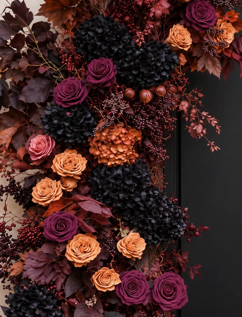 Dark Harvest Entrance floral arrangement by TB Creative